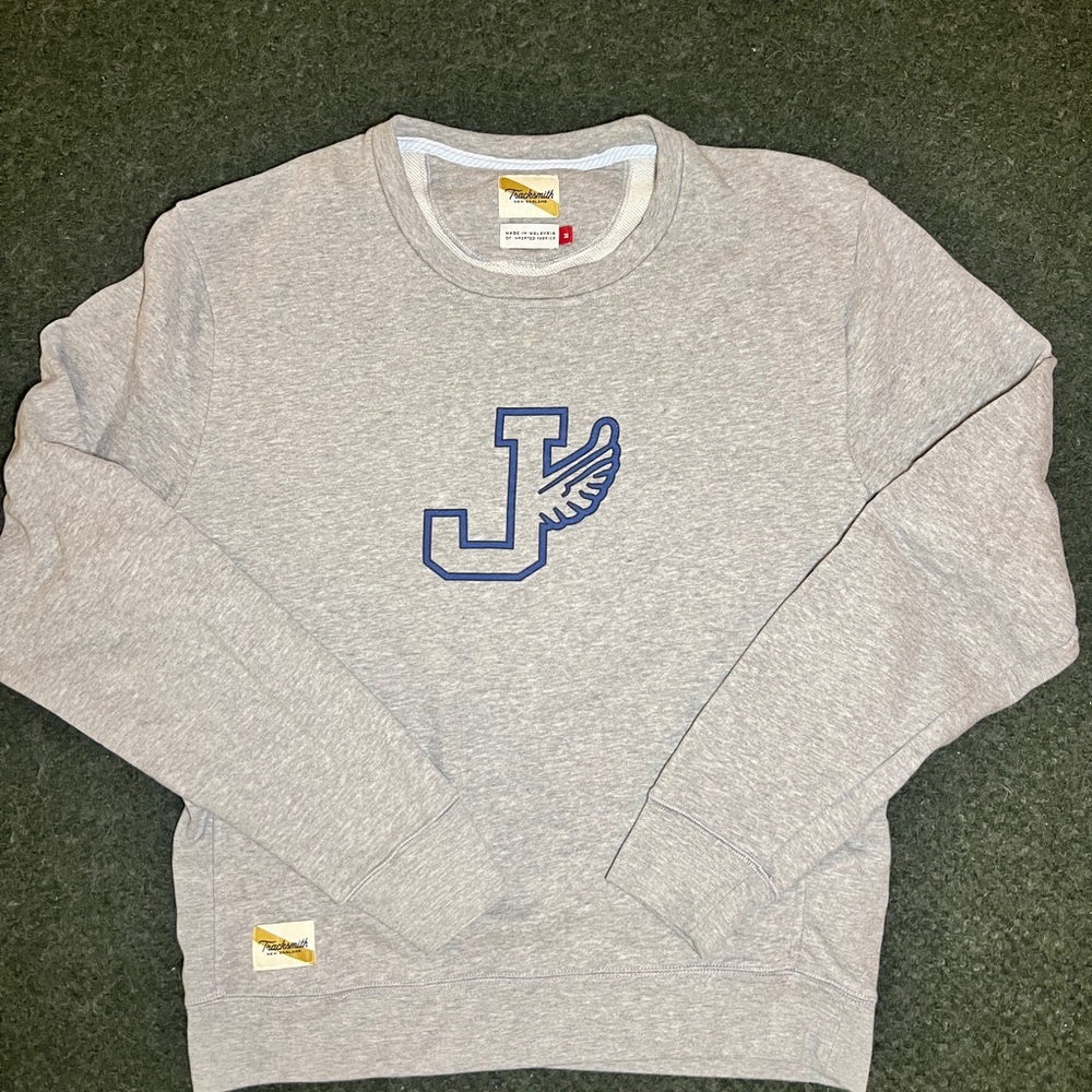 Tracksmith Light Gray Crewneck with Blue Emblem